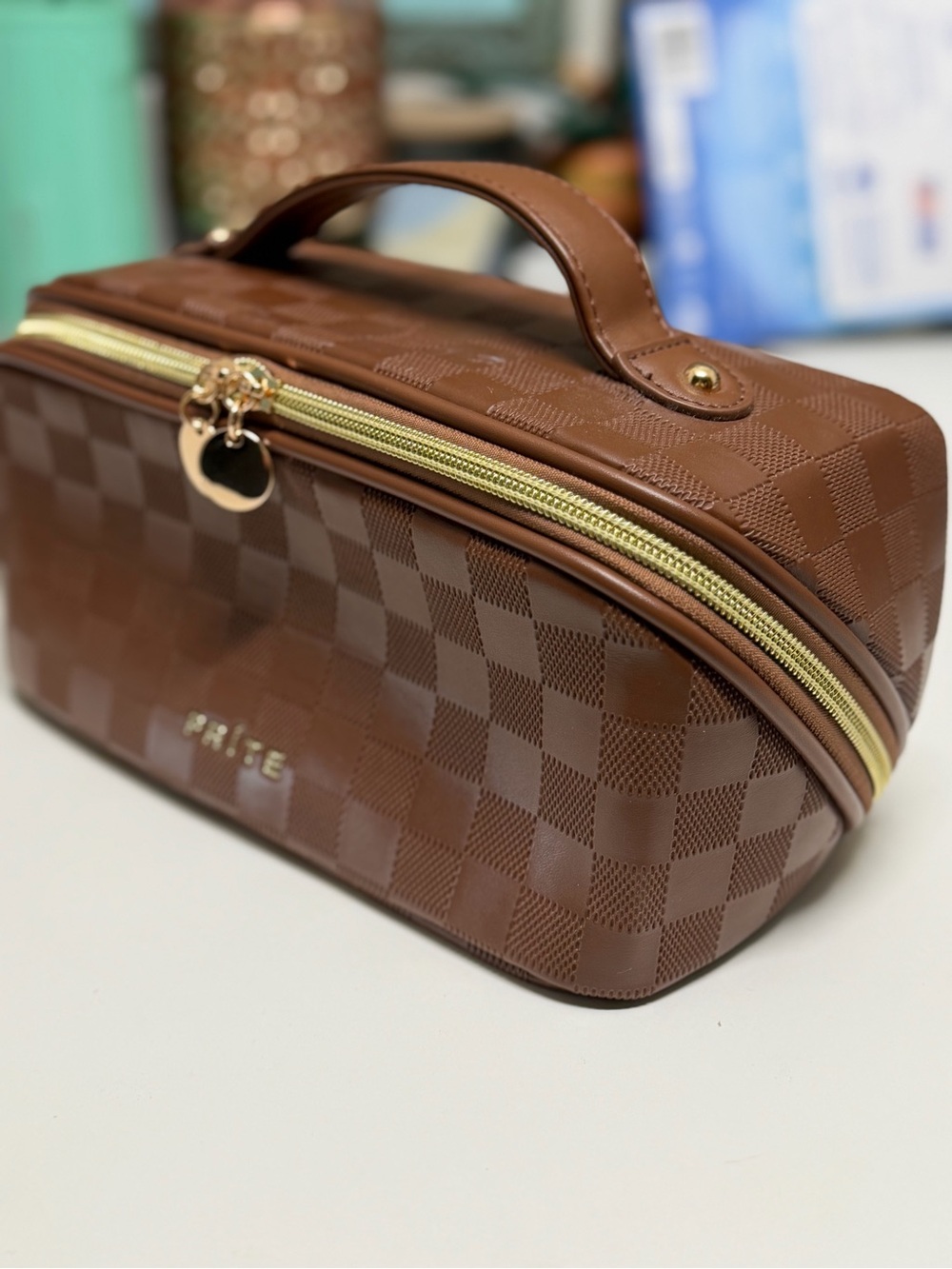 Brown Checkered Cosmetic Case with Top Handle